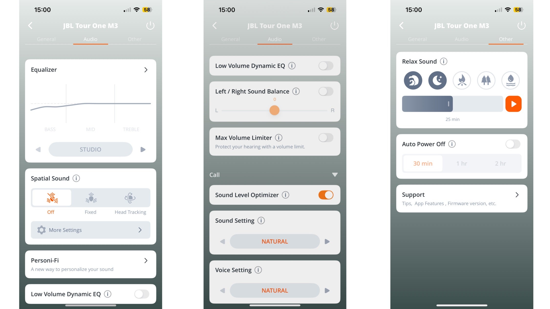 More settings show in three screenshots of the JBL Heaphones app