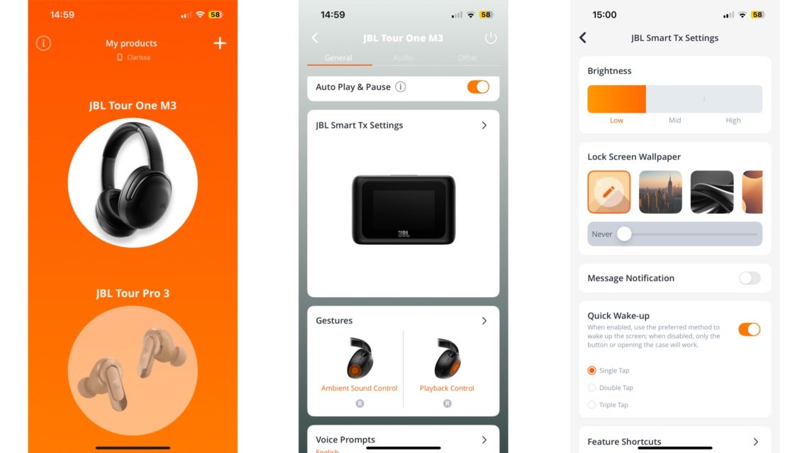 Three screengrabs showing the The JBL Headphones app