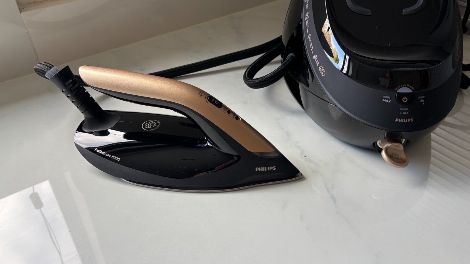 Philips PerfectCare 8000 PSG8130/80 Steam Generator Iron review iron next to base